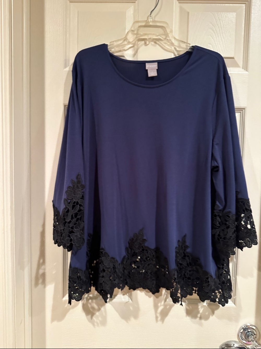 Chico's Navy Top with Black Crochet Lace Trim